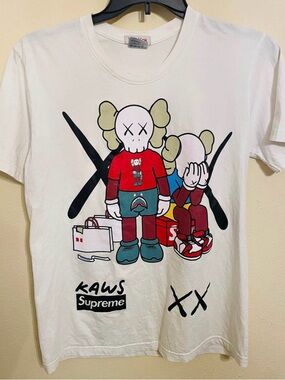 Supreme x KAWS White Graphic Tee with Red and Teal Accents